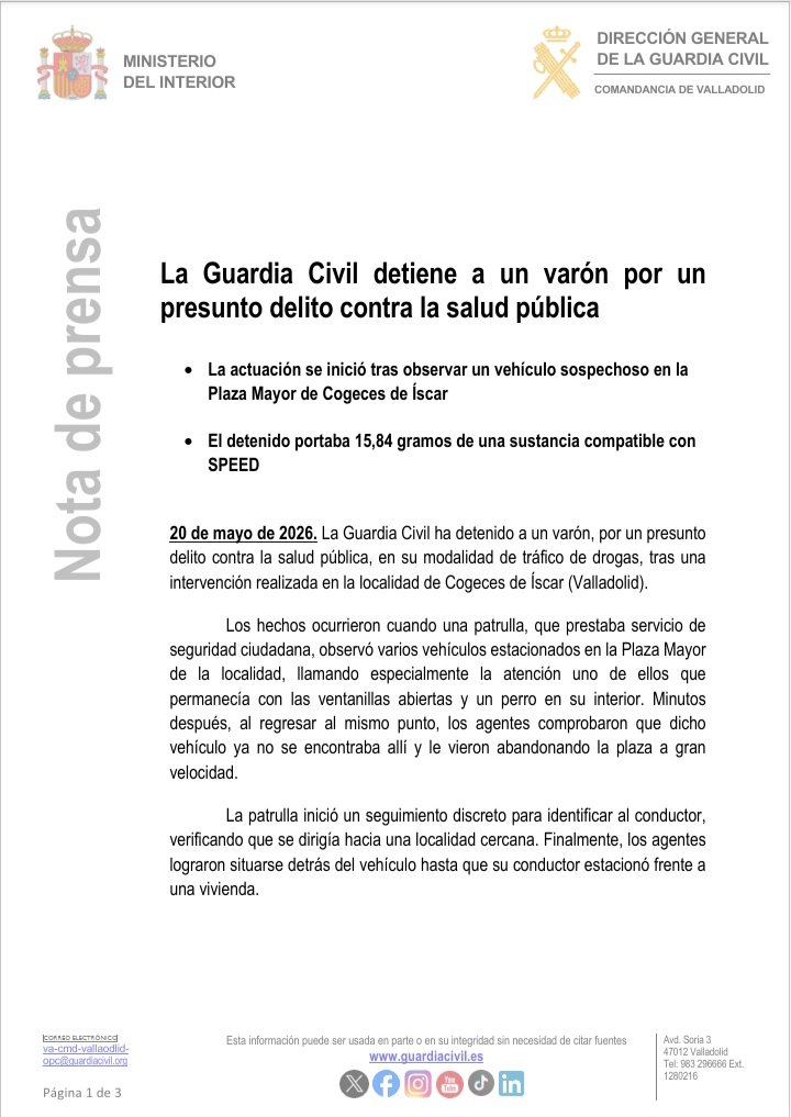 GC062VALLADOLID's tweet photo. La Guardia Civil detiene a  un varón tras una actuación en Cogeces de Íscar, por presunto tráfico de drogas.

➡️ La Guardia Civil intervino 15,84 g de una sustancia compatible con SPEED tras una actuación en la Plaza Mayor. ⚖️

#GuardiaCivil #Sucesos #TráficoDeDrogas #España 🚨 https://t.co/HfIegMl6Wz