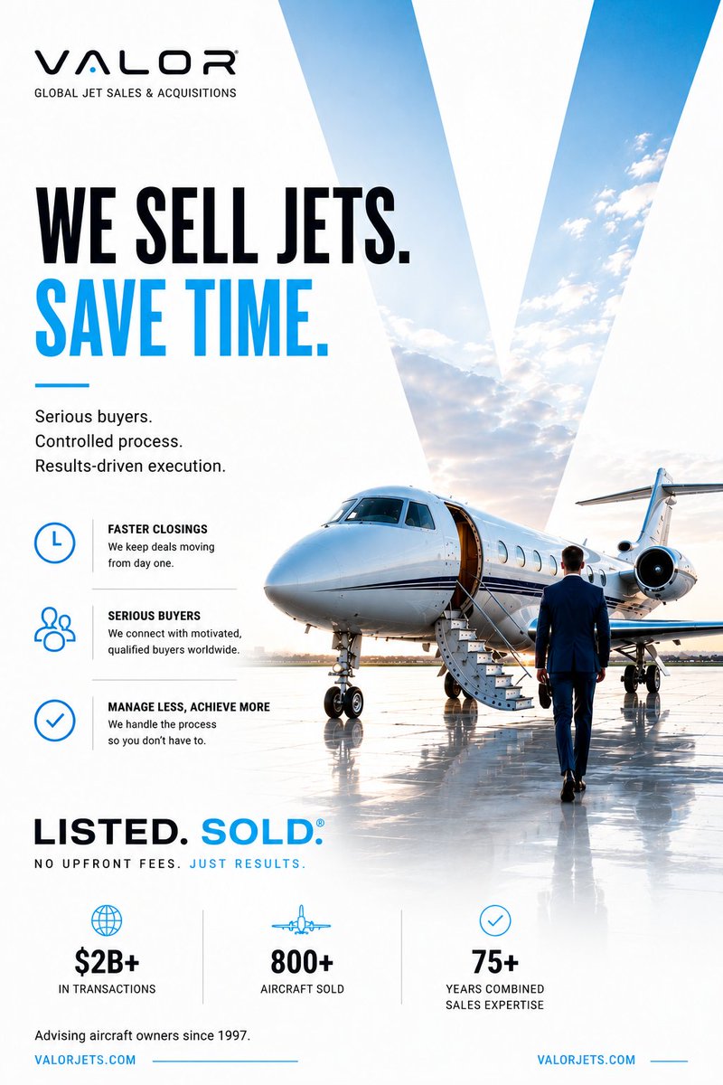 ValorJets's tweet photo. WE SELL JETS. SAVE TIME.

Serious buyers.
Controlled process.
Results-driven 

#ValorJets #ListedSold #AircraftForSale #SellYourAircraft #AircraftSales #AircraftBroker #BusinessAviation #PrivateJet #JetSales #CorporateAviation #AircraftTransactions https://t.co/ecwsBtqmW2