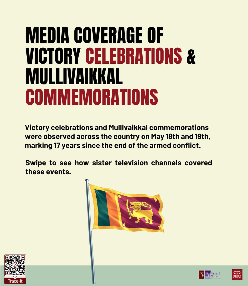 EthicsEye's tweet photo. 17 years since the end of Sri Lanka’s armed conflict

Marking the anniversary, victory celebrations and remembrance events were held across the country.

Swipe 👉 to see how sister TV channels covered the events on May 18. https://t.co/WzbnOJP8Aw