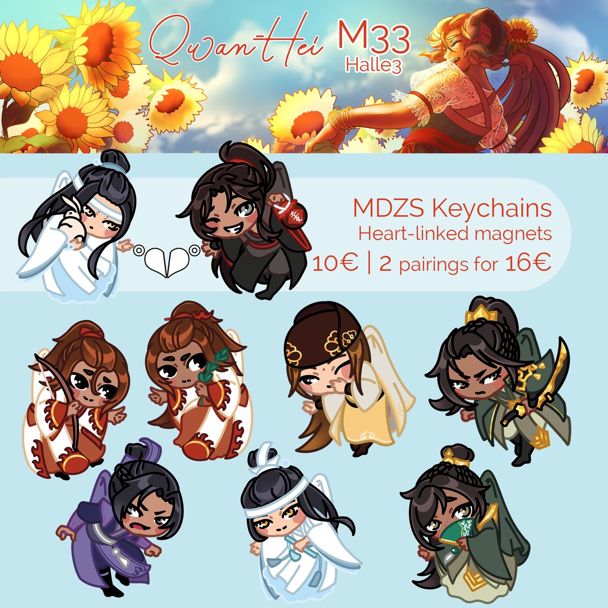 QwanHei's tweet photo. 🌻Here is my Dokomi catalogue | May 29/30/31🌻
Find me in Halle 3, booth M33 !

First time going abroad for a con, I'm excited and scared please come hold my hand and buy my trinkets 👉👈

1/2 https://t.co/3qbGZ46XHr