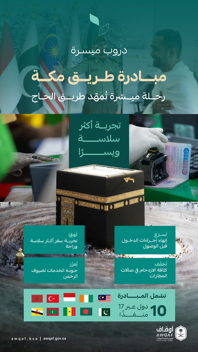 AWQAF_KSA's tweet photo. #دروب_ميسرة ترافق خطاهم؛ في رحلةٍ تُمهَّد بالعناية، وتُدار بكفاءة، لتمنح ضيوف الرحمن تجربة أكثر يُسرًا وانسيابية، منذ مغادرتهم بلدانهم وحتى وصولهم إلى المملكة.

#الهيئة_العامة_للأوقاف https://t.co/q6QSUnQGhY