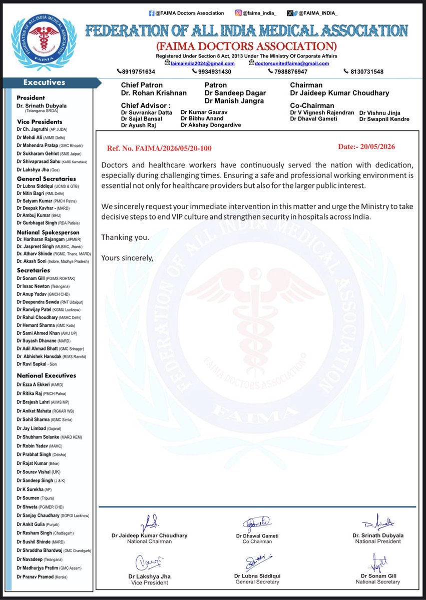 FAIMA_INDIA_'s tweet photo. Hon’ble @MoHFW_INDIA,

FAIMA raises grave concern over rising attacks on doctors due to VIP demands. No patient should get priority based on political power.

We urge:
🔹 Anti-intimidation guidelines
🔹 Controlled hospital entry
🔹 Ban on recordings in clinical areas

#EndVIPCulture #SafeDoctorsSafeIndia #HealthcareDignity