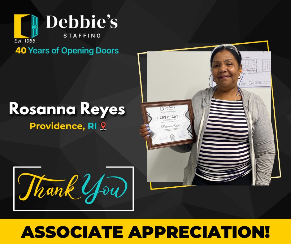 DebbiesStaffing's tweet photo. Associate Appreciation Month proudly recognizes Rosanna Reyes!
Her adaptability and willingness to grow continue to make her a valued part of the team.

Thank you for your continued hard work and commitment, Rosanna!

#TeamDebbies #AssociateAppreciation #40YearsofOpeningDoors https://t.co/yl8JiXzwSL