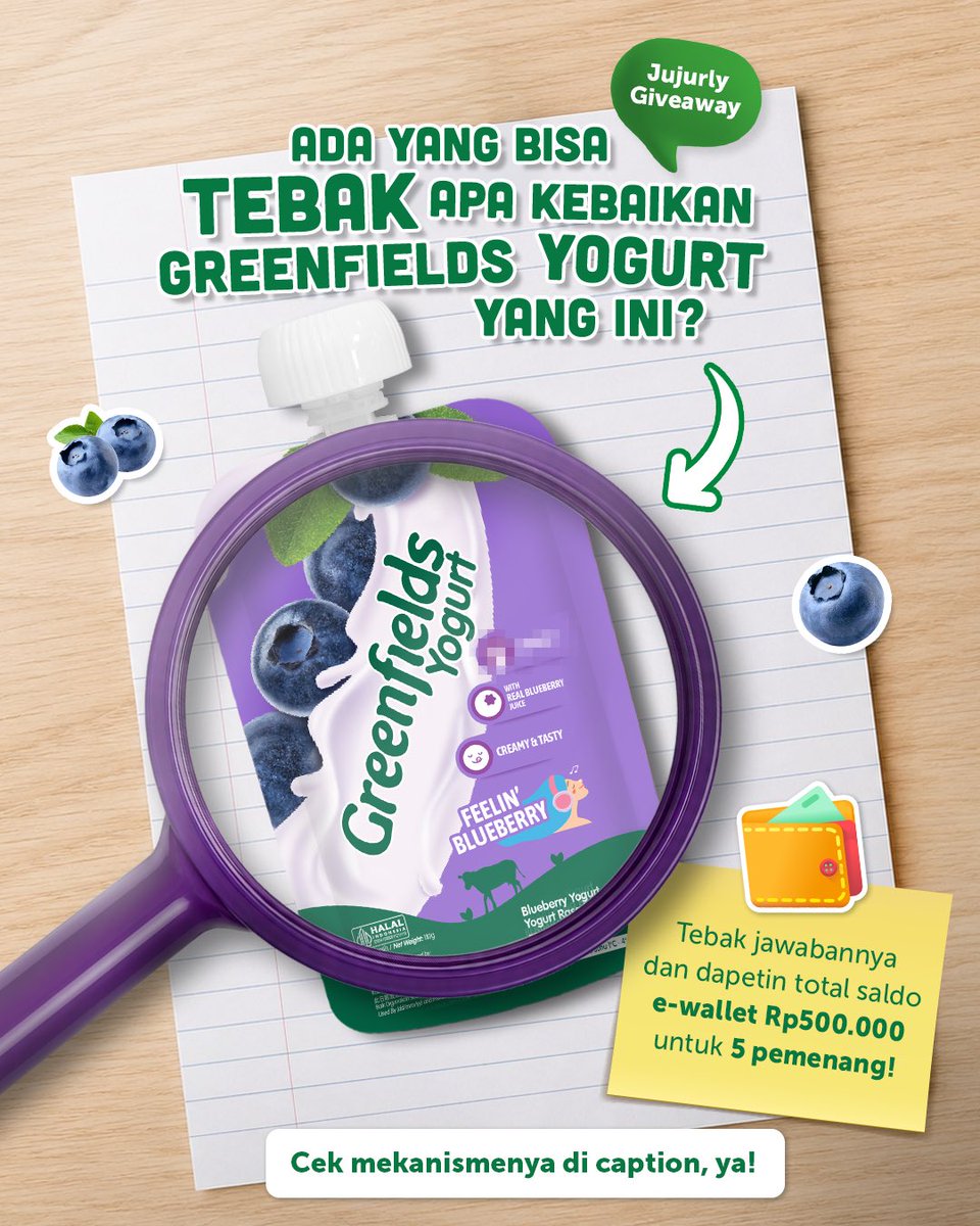 GreenfieldsID's tweet photo. Greenfields Friends cabang X, ada yang bisa tebak kebaikan Greenfields Yogurt Pouch yang di blur di bawah ini gak?  👀

Tebak  jawabannya & menangin total saldo e-wallet Rp500K untuk 3 pemenang di Facebook & 2 pemenang di X! 💚

Cara ikutan:
1. Follow @GreenfieldsID (pastikan akun tidak di-private).
2. Spam likes postingan Greenfields.
3. Reply jawabanmu & gunakan hashtag #JujurlyPureJujurlySehat.

📅 Periode: 20 - 27 Mei 2026

Ikutan sekarang & jangan sampe kelewataaan 💨

#GreenfieldsIndonesia #GreenfieldsYogurt #Greenfields