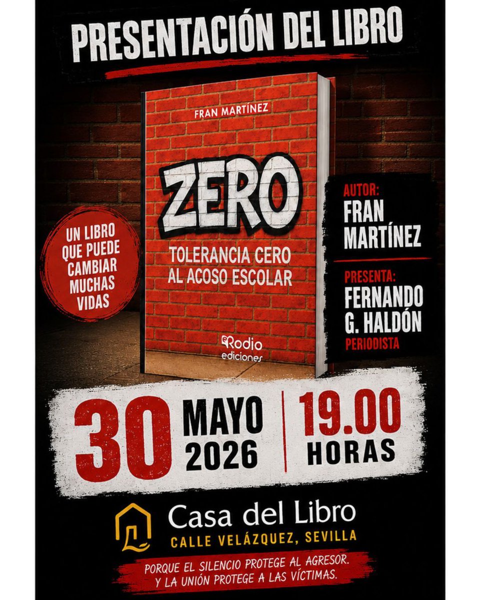 rodio_ediciones's tweet photo. El 30 de mayo tienes una cita ineludible en la presentación y firma de 'Zero. Tolerancia cero al acoso escolar', del autor Fran Martínez. Presenta Fernando G. Haldón. Tienes toda la información en la imagen. ¡Te esperamos! ✍️

#rodiooposiciones #zero #acosoescolar #bullying https://t.co/rKWF4MQlBm