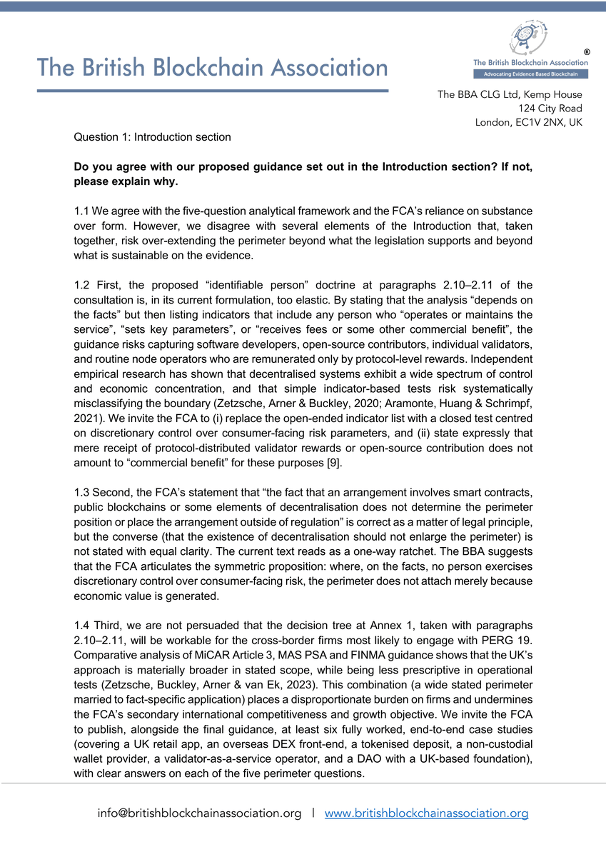 Brit_blockchain's tweet photo. 📍Yesterday, BBA submitted its formal response to the @TheFCA's Consultation Paper CP26/13: Cryptoasset Perimeter Guidance.

While we welcome the FCA’s efforts to provide greater regulatory clarity, we disagree with several aspects of the proposed guidance, and have invited the FCA to revisit six key areas:

➡️ The “identifiable person” doctrine is too elastic

➡️ The qualifying stablecoin definition leaves perimeter gap

➡️ The safeguarding “control” test is broader than the harm justified

➡️ The categorical treatment of crypto lending as “dealing"

➡️ The complete disapplication of the overseas persons exclusion

➡️ The dual MLR/FSMA architecture is duplicative

🌐 We would like to thank our members, advisors, partners, and researchers at CEBB for drafting this comprehensive, evidence-based response.

#Blockchain #FCA #Cryptoasset #UKRegulation #DigitalAssets #BBA