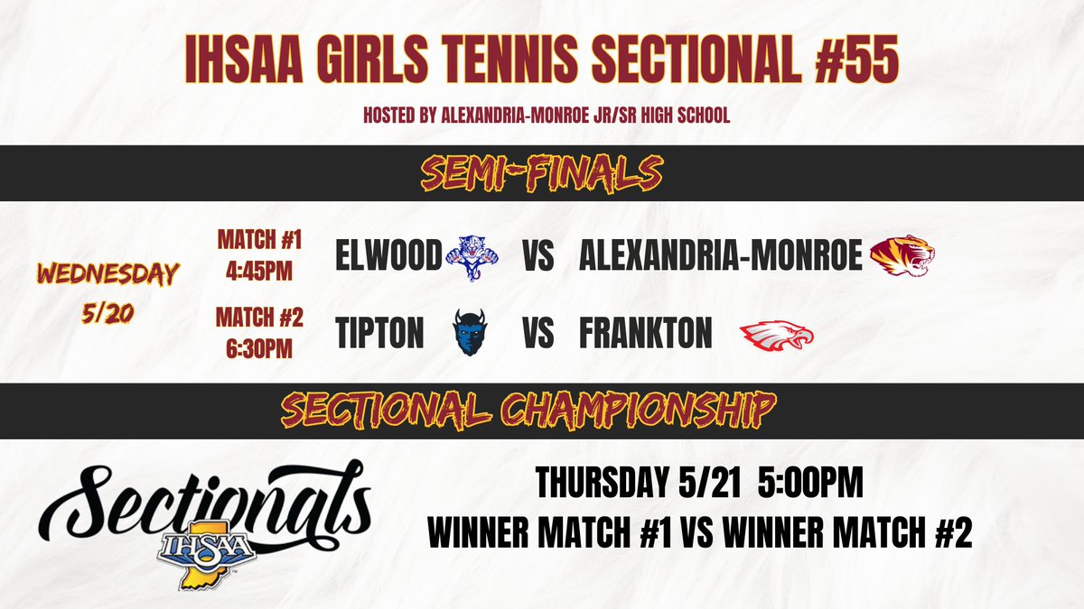 AMHSTennis's tweet photo. Alexandria Lady Tiger host the IHSAA Sectional starting tonight.   Alexandria vs Elwood at 4:45 pm and Frankton vs Tipton at 6:30 pm. https://t.co/6Df1rkJxOO