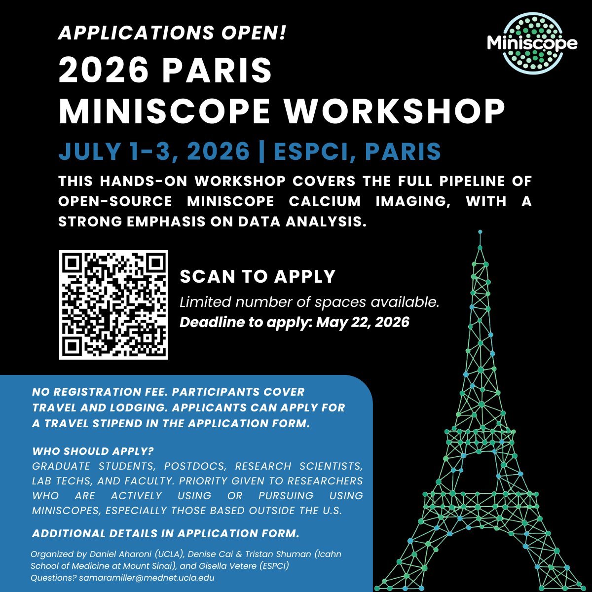MiniscopeTeam's tweet photo. About one day left to apply for our upcoming #Miniscope Paris Workshop!
Apply by this Friday: https://t.co/OStO2GAEHi https://t.co/8O5n44DwF5
