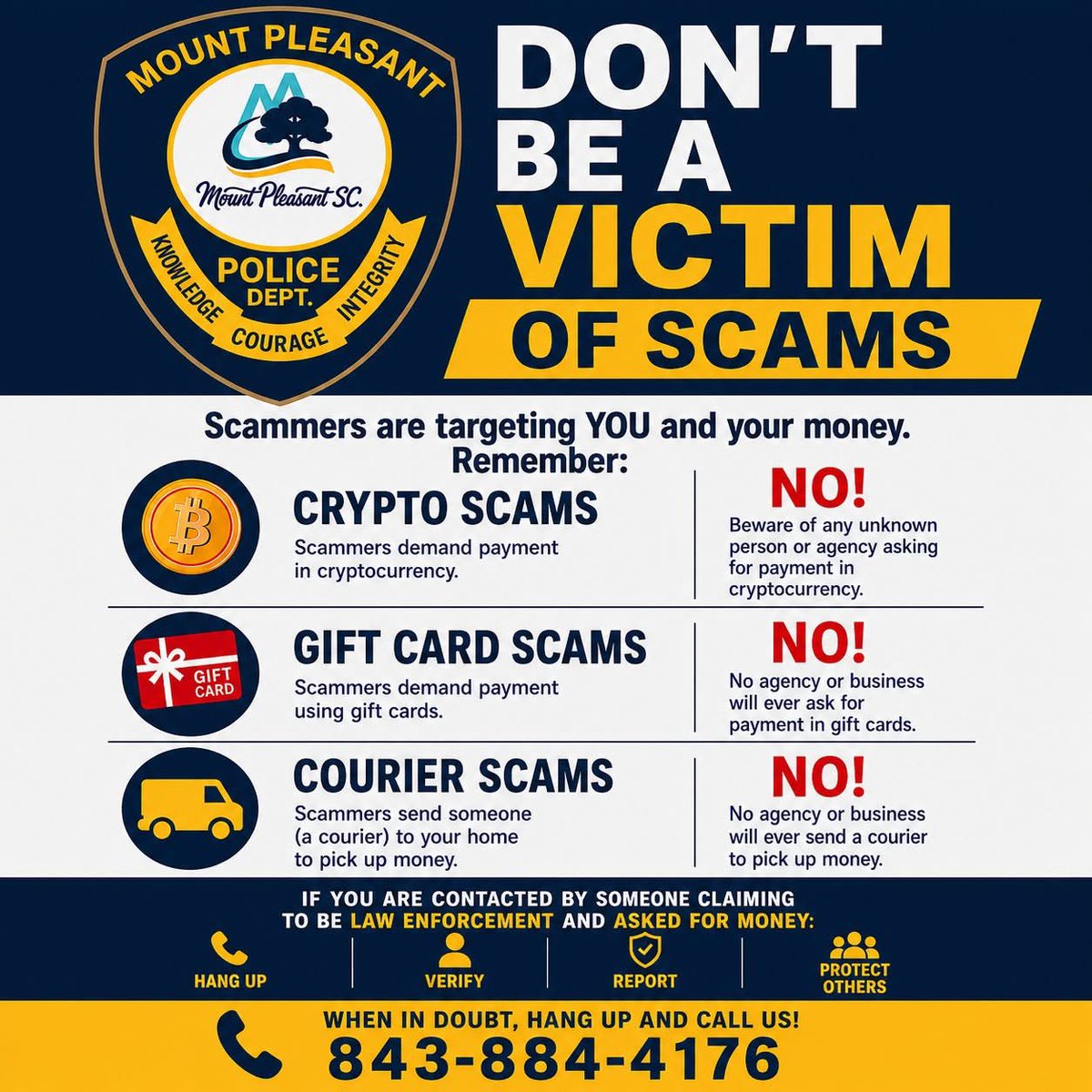 MountPleasantPD's tweet photo. ‼️Our detectives are already working 3 new cases of fraud this week. One victim lost $55,000. Another more than $36,000! Hang up. Verify. Report it!‼️ https://t.co/xsTBQWFESq