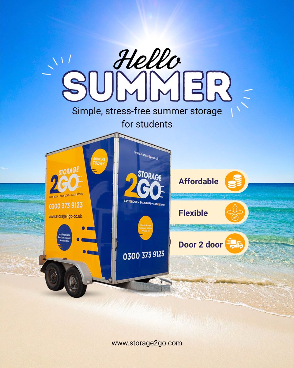 Storage2GoUK's tweet photo. Hello summer ☀️ Heading home for the break but not sure what to do with your stuff? Storage2Go makes student storage simple with safe, flexible and affordable storage solutions over the summer.

Get in touch to book your summer storage space before it’s gone!

#StudentStorage https://t.co/C1FEh514Jr