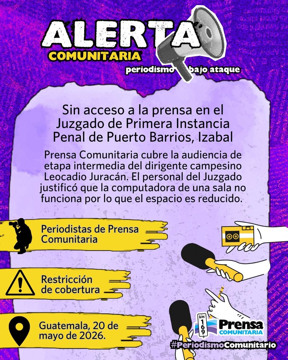 PrensaComunitar's tweet photo. Los reporteros de Prensa Comunitaria fueron sacados de la audiencia de etapa intermedia en el Juzgado de Primera Instancia Penal de Puerto Barrios, Izabal

La justificación del personal es que el espacio es reducido; sin embargo, las audiencias son públicas de acuerdo a la ley https://t.co/U9AszwFkuM