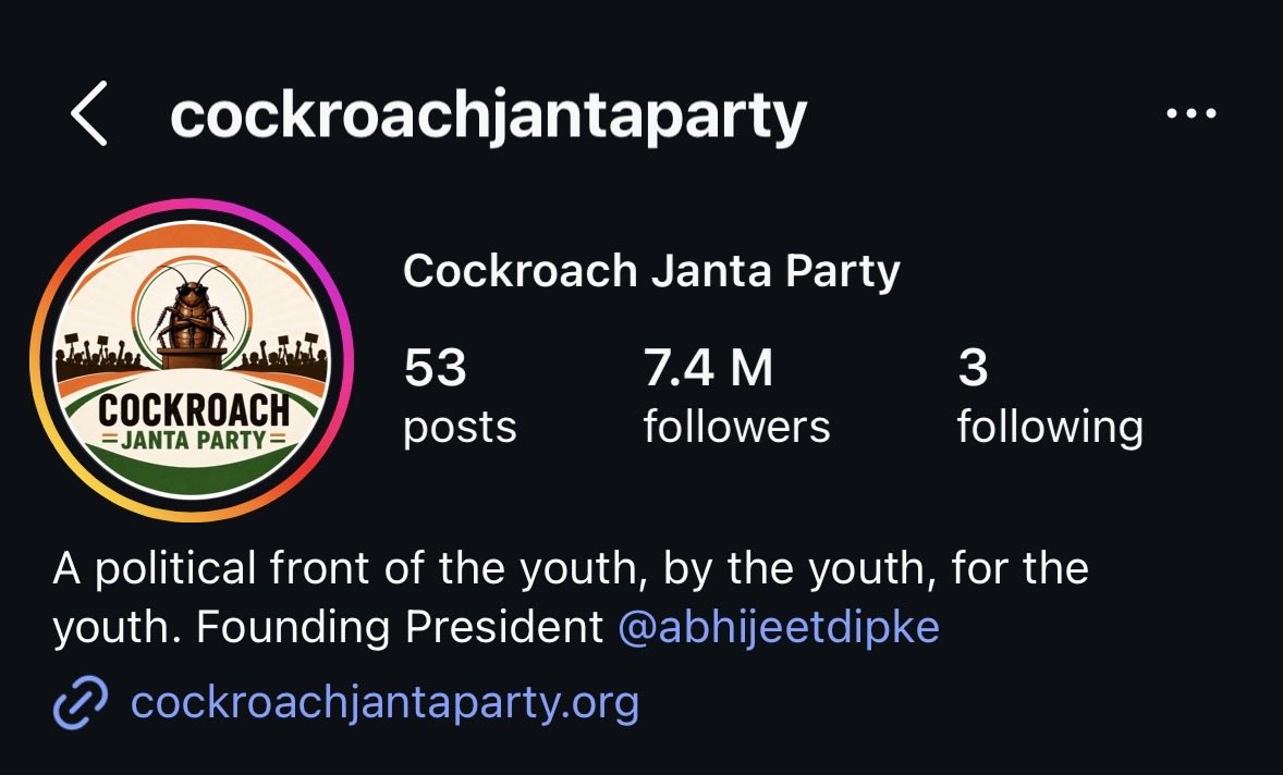 Pkhilery29_'s tweet photo. 🚨 A satirical political group calling itself the Cockroach Janta Party has sprung up online with over 7.4 million followers after Chief Justice Surya Kant remarks. https://t.co/LfjFWuvPKr