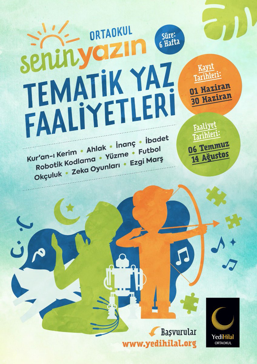 YediHilal's tweet photo. Senin Yazın, Senin Tercihin!

Sıradan bir yaz tatilinin çok ötesinde; hem öğreneceğimiz, hem eğleneceğimiz, muhteşem bir yaz bizi bekliyor. Kontenjanlarımız sınırlı, bu yüzden elini çabuk tutmanda fayda var! 😉

📝 Kayıt Tarihleri: 1 Haziran - 30 Haziran 2026
📍 Başvuru ve Detaylar: https://t.co/2FhFyxdZ2J’da

Unutma, bu yaz senin yazın! ☀️🌻