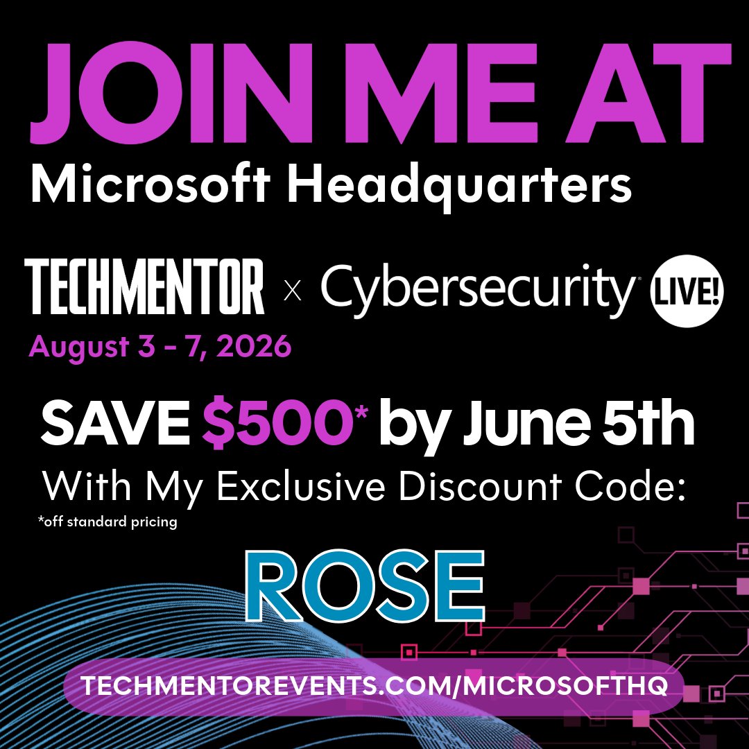 stephenlrose's tweet photo. I’m speaking at TechMentor x Cybersecurity Live! @ Microsoft HQ this August 3 – 7.

Through hands-on labs, deep-dive workshops, and practical technical sessions, you’ll be equipped with actionable techniques to maximize performance, defend against risks, and leverage the Microsoft tools you already own.

Register by June 5th and use my discount code ROSE and you could save $500 off the standard rate.

Learn more and register at https://t.co/7uLXQNWmv5