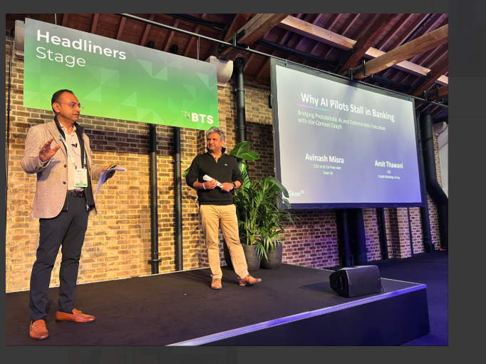 Skan_Ai's tweet photo. Skan AI's Avinash Misra on stage with Lloyds CIO Amit Thawani at the Banking Transformation Summit in London where they shared insights around adopting and scaling Agentic AI in banking enterprises. 

#AgenticAI #BankingTransformation https://t.co/om2RDRG7aE