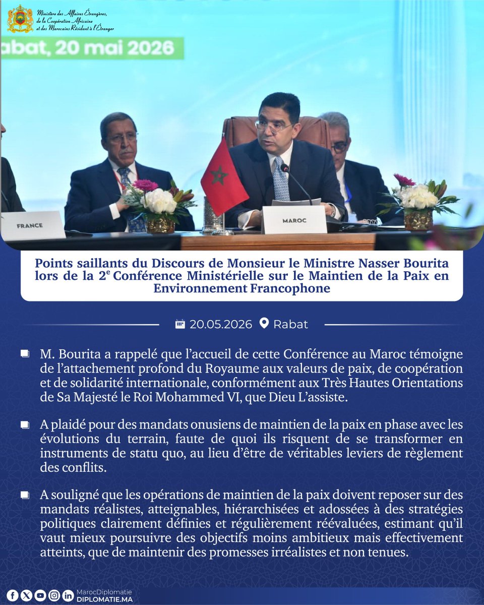 MarocDiplomatie's tweet photo. Points saillants du Discours de Monsieur le Ministre Nasser Bourita lors de la 2e Conférence Ministérielle sur le Maintien de la Paix en Environnement Francophone https://t.co/aJSgHwRuN1