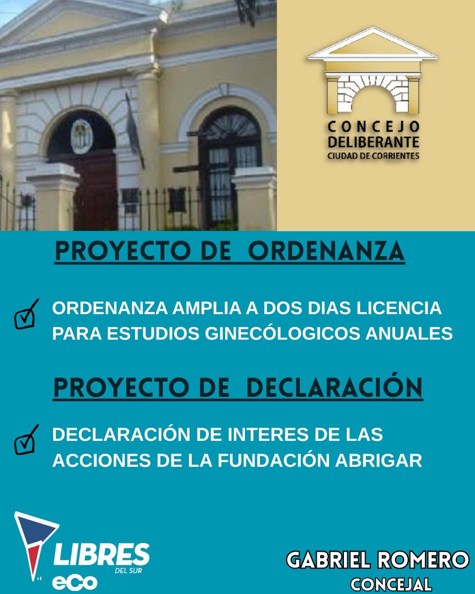 LDScorrientes's tweet photo. 📋✨ Les dejo algunos de los proyectos que presento @GabrielRomeroLS  para este jueves. 

✅ Ampliación a 2 días de licencia para estudios ginecológicos anuales 👩‍⚕️
✅ Declaración de interés para las acciones de la Fundación Abrigar 🤝
✅ Pedido de informe sobre la cobertura de las ART 🏥
✅ Solicitud de información sobre intereses y gastos de la Caja Municipal de Préstamos 💰
✅ Erradicación de basurales en el entorno del Parque Hipódromo 🌱🚮
✅ Mejoras en la Plaza Padre Roldán frente al Cementerio San Juan Bautista 🌳✨
✅ Más iluminación y seguridad en el Parque Hipódromo 💡🚶‍♂️

Seguimos trabajando con compromiso 🇦🇷