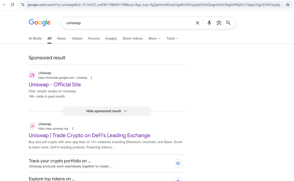 Countifyx's tweet photo. @elonmusk Google Ads are being used to push fake crypto sites.
I searched Uniswap, clicked a sponsored result, and was led to a phishing page hosted on Google Sites. My Uniswap V4 position NFT was stolen.
This is paid fraud reaching users through search ads.
#GoogleAds #Uniswap #CryptoScam #Phishing #Ethereum #Web3Security #google