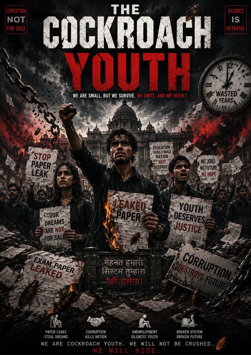indraj143_m's tweet photo. “The Cockroach Youth सिर्फ एक संगठन नहीं, बल्कि युवाओं की आवाज़ है।
अगर तुम भी पेपर लीक, भ्रष्टाचार, बेरोज़गारी और टूटी शिक्षा व्यवस्था के खिलाफ बदलाव चाहते हो, तो हमारे साथ जुड़ो।
अब डरना नहीं, लड़ना है — अपने हक़ और भविष्य के लिए।” https://t.co/yLA3s6NYSe