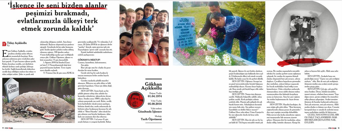 YitenCanlar's tweet photo. 'İNSANLAR ZULÜM EDER, KADAR ADALET EDER'
Yıllar önce Sn. @TAcikkollu, eşi Gökhan Öğretmen için kaleme aldığı mektupta:
“İşkence ile seni bizden alanlar peşimizi bırakmadı, evlatlarımızla ülkeyi terk etmek zorunda kaldık” demişti.
Tülay Hanım, eşinin katillerinin peşini bırakmadı. RTE rejiminin devletteki eşkıya yargıçları, #GökhanAÇIKKOLLU ailesine ZULÜMetmeye devam etse de “en yüksek yerden” KADER adalet etti. Devletin yüksek yargı kurumu Anayasa Mahkemesi (AYM): “Gökhan Açıkkollu’nun ölümünden devlet sorumludur” dedi. Ülkeye gerçek adlet geldiğinde @YitenCanlar 'ın hiçbirinin hakkı da kanı da yerde kalmayacak. 
https://t.co/YeOIFniMco