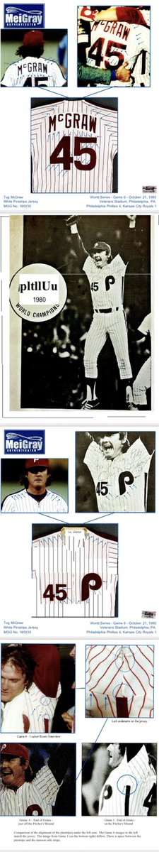 HuntAuctions's tweet photo. Important Tug McGraw @Phillies home jersey from the clinching sixth game of the 1980 World Series. The shirt was photomatched by @MeiGray to the iconic moment when McGraw leaped into the air after sealing the first World Championship in franchise history. The jersey will be offered for the first time publicly at @MLB @CapitalOne @AllStarGame Village.