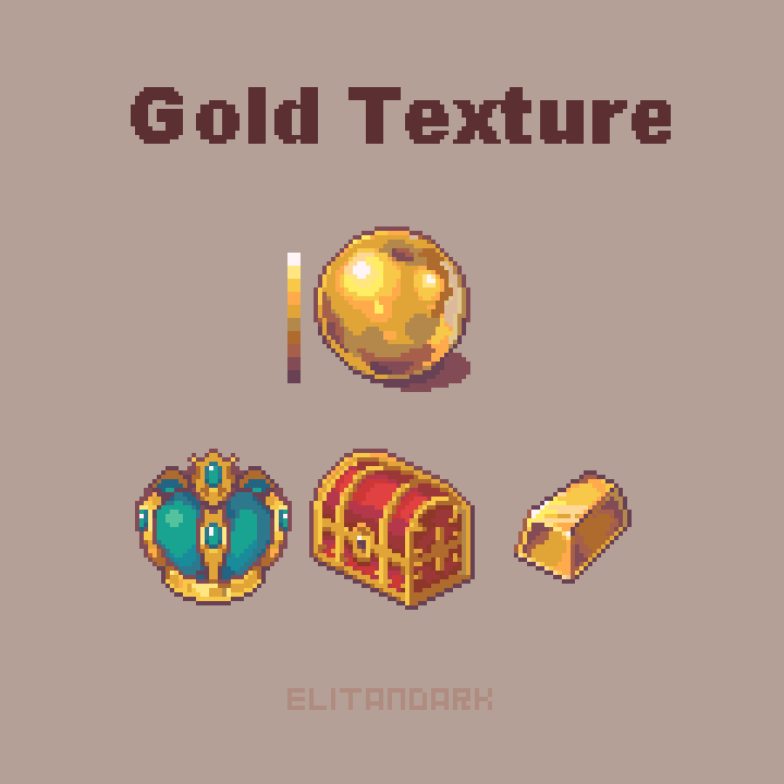 EliTanDark's tweet photo. Gold texture pixel study ✨👑
Featuring: crown 👑, chest 🪙 and gold ingot ✨
#PixelArt #ドット絵 https://t.co/ORgVfK7fVb