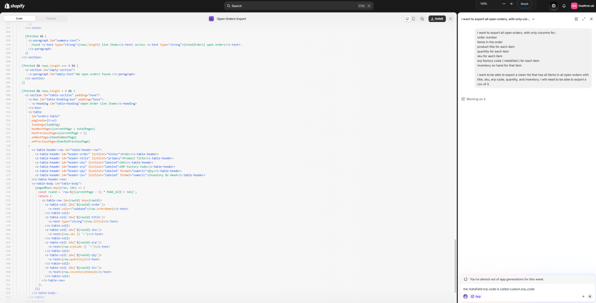dualtronuk's tweet photo. @Shopify The way Shopify allows you to build apps to help you use Shopify better is the perfect example of using AI for Coding Features inside the Software and for the Software you're already using. Not some disconnected environment like other vibe coding apps. #sidekick #shopify https://t.co/iBB2Y8cpDe