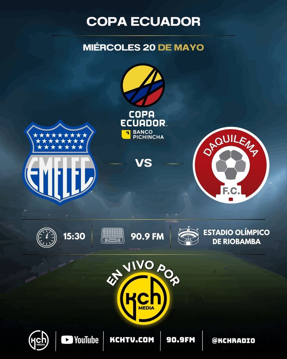 kchradio's tweet photo. 🔵⚡️POR LA CLASIFICACIÓN🔵⚡️

No te pierdas las emociones del partido por copa Ecuador 🇪🇨 en la señal de @kchradio 90.9 FM 📻 🎙️⚽️

. @daquilemafc 🆚 @CSEmelec 🔵⚡️

Relatos: @Nicocrack29 - @sguerrab90 

Comentarios: @mariomendozam3 - @javieralavar 

Informes: @evemurillo9 https://t.co/ZN6l9XddWw