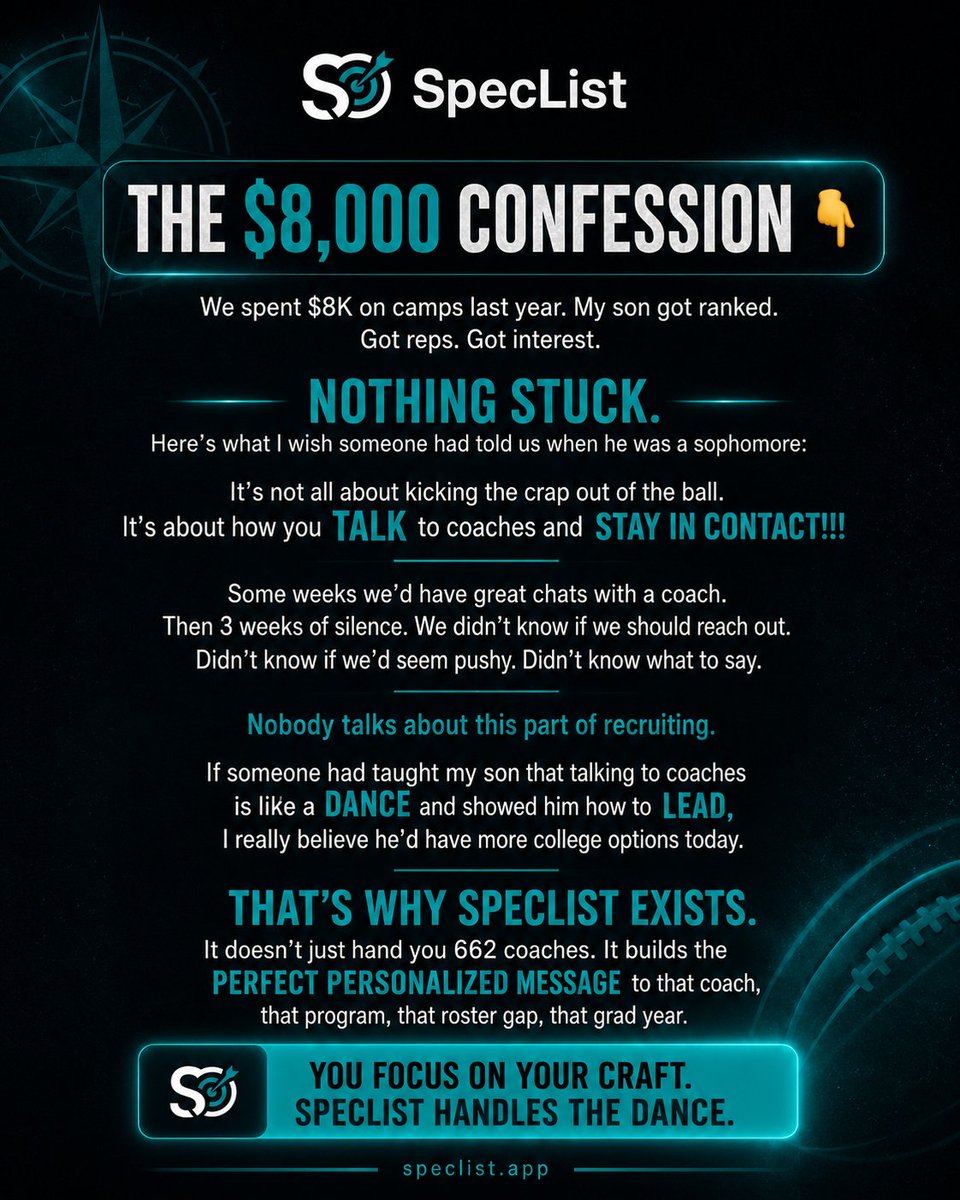 SpecListTracker's tweet photo. The $8,000 confession.

We spent $8K on camps. He got ranked. He got reps. Nothing stuck.

What I wish someone told us:
Talking to coaches is a DANCE. You have to know how to lead. https://t.co/m3nFrt2tSg