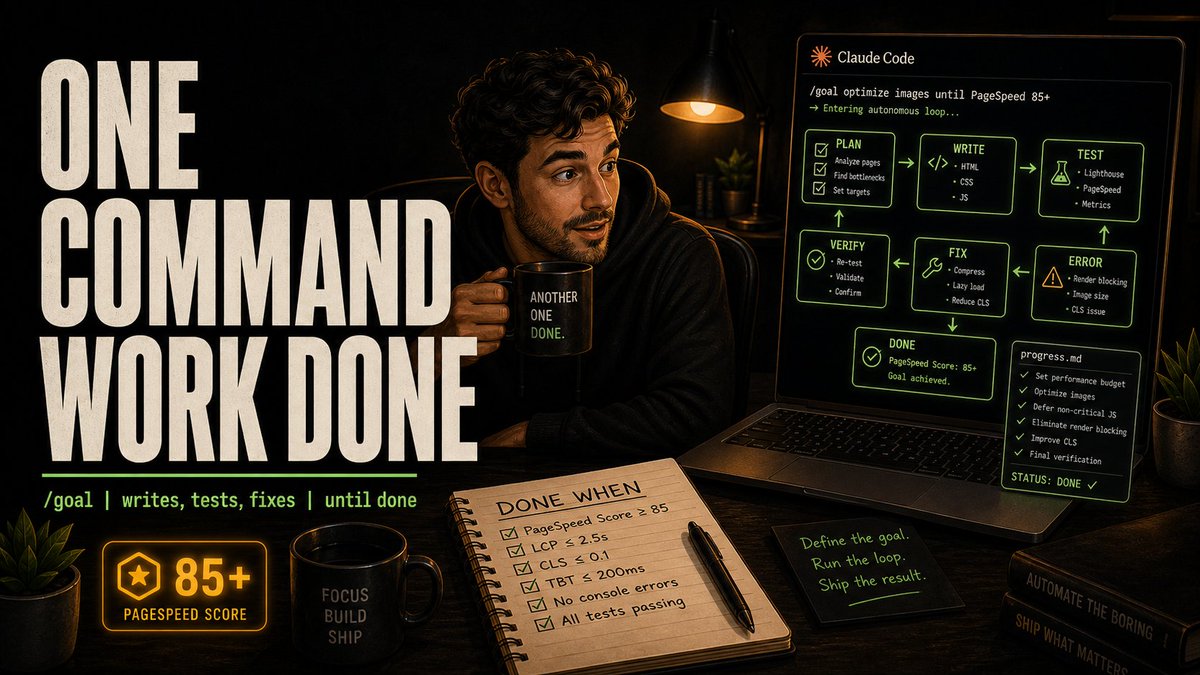 lukgart's tweet photo. For 1 year I was the bottleneck in every Claude Code session.

Type prompt → wait → review → next prompt → wait → review. Hundreds of times per project.

Last week I typed one command, made coffee, came back. The work was done.

The command is /goal 🧵 https://t.co/oqfoXmfxVK