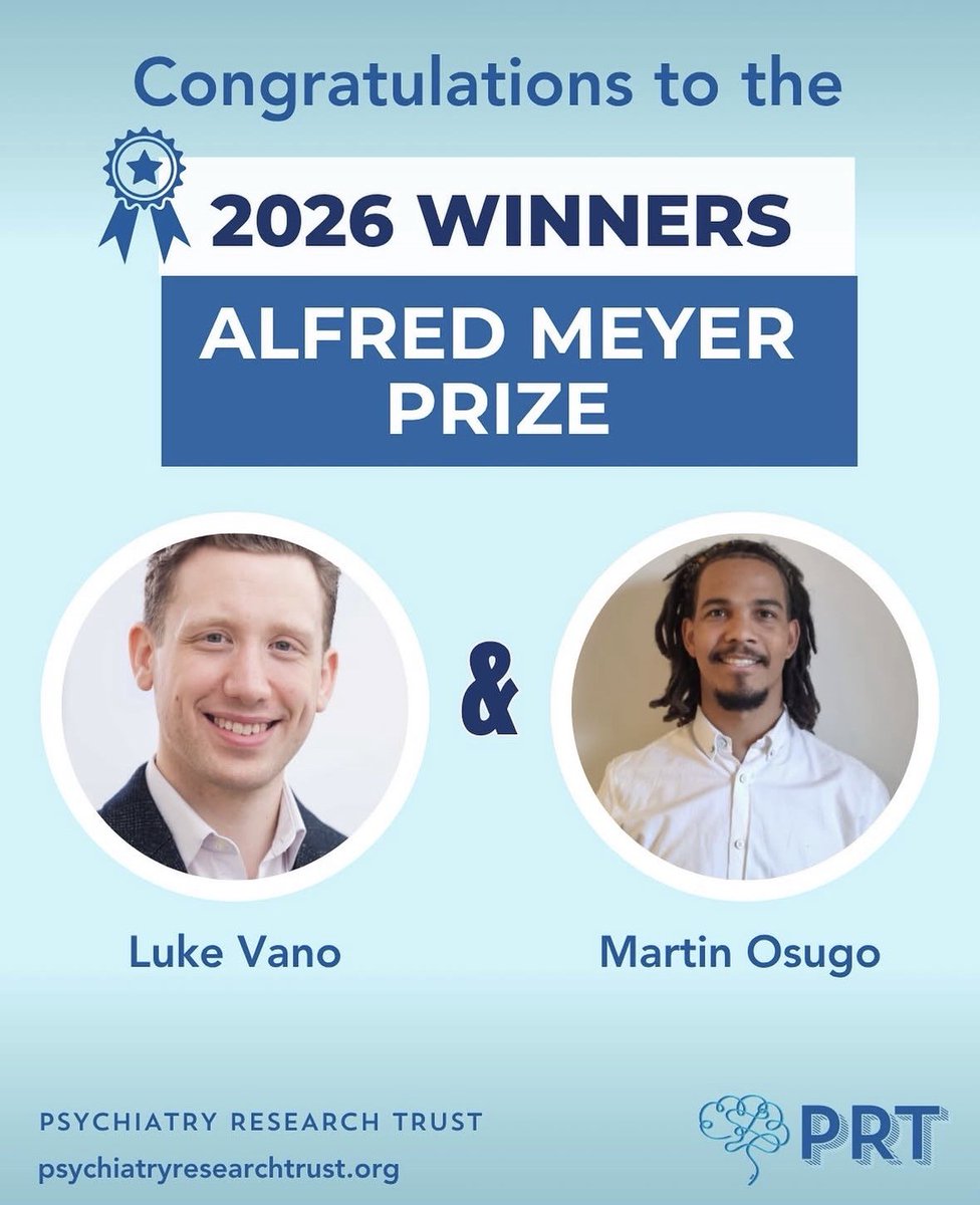 MTPPsych's tweet photo. Congratulations to the winners of the PRT Inaugural Alfred Meyer Prize: Former CT Dr Luke Vano &amp; current CT Dr Martin Osugo on this fantastic and well-deserved achievement🎉
This award recognises outstanding research on the relationship between brain mechanisms &amp; mental illness🧠 https://t.co/AZWBLEJaB8