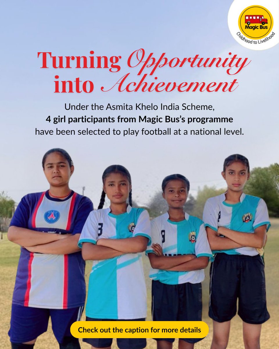 MagicBusIndia's tweet photo. At Magic Bus India Foundation, we believe that when young girls are given access, encouragement, and the right opportunities, sport becomes much more than a game.
 
We are proud to share that in Ludhiana, 20 young athletes qualified for the Asmita Scheme football league trials, with Vishali, Charnajeet Kaur, Harman Kaur, and Tarandeep Kaur from Govt. Girls High School Ramgarh earning selection at the national level. Additionally, 60 girls participated in the Asmita Khelo India Football League in Baddi, where 2 teams secured Winner and Runner-up positions.
 
What makes these achievements even more special is the inspiration they create for many more girls from communities to step forward with confidence, pursue sport fearlessly, and believe in their own potential.
 
These milestones reflect the power of sustained support, community belief, and the impact of Magic Bus India Foundation’s Sports for Excellence approach.
 
#SportForExcellence #MagicBusIndiaFoundation #Achievement #Victory #National #Asmita #KheloIndia