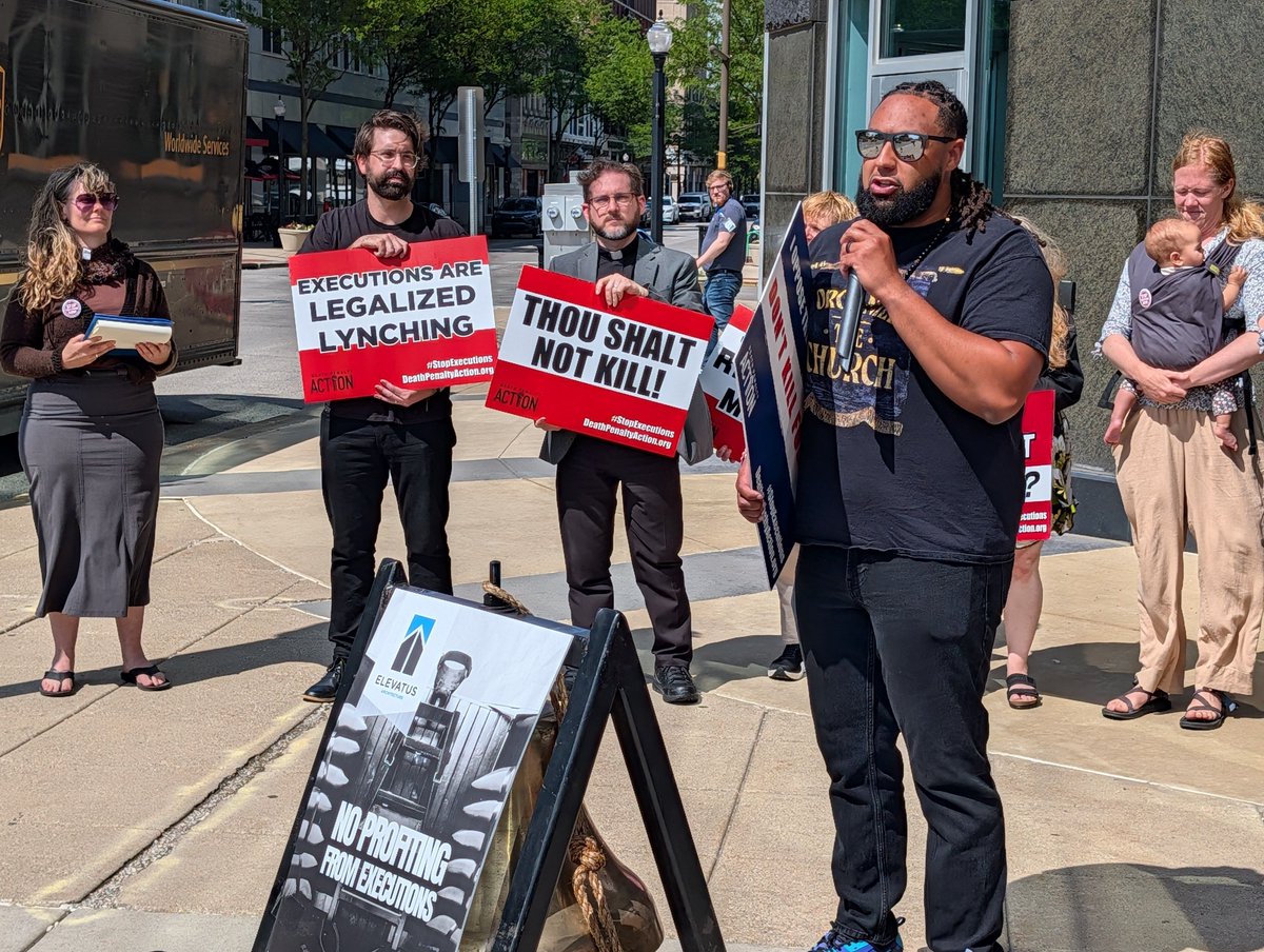 DeathPenaltyAct's tweet photo. Yesterday, Death Penalty Action and our partners at LiveFree Indiana, the Indiana Abolition Coalition, @WorthRises, and several faith leaders hand delivered your petition signatures to executives at Elevatus— the architecture firm hired to help IDOC rebuild their execution unit to accommodate firing squad executions. 

For a corporation whose outward presentation gives the impression of a company who is deeply passionate about serving others, their actions clearly reveal another side to them. 

No company should profit from the deaths of others. 
https://t.co/3WYjjatf9N