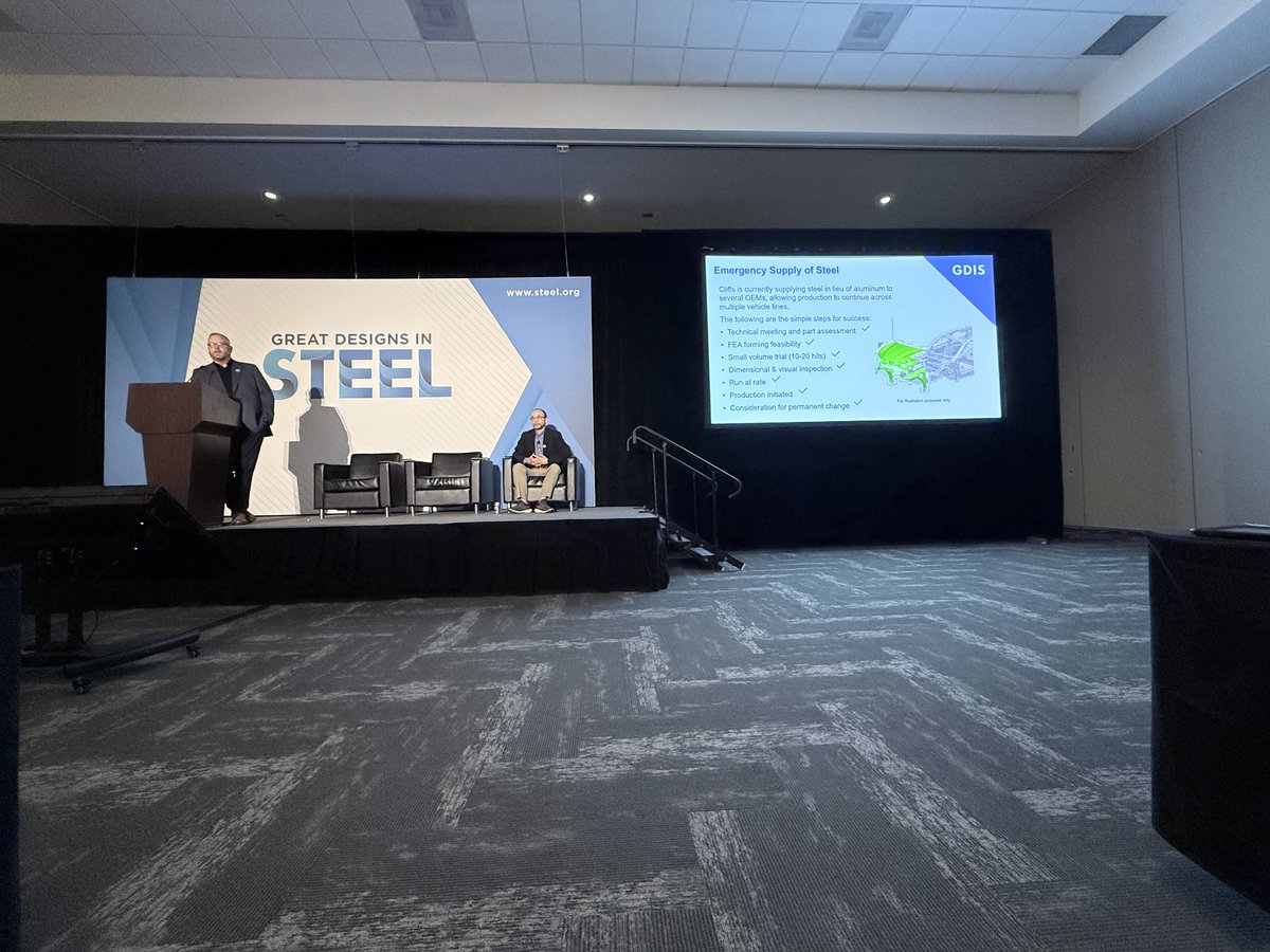 DriveUsingSteel's tweet photo. Scott Stevens and Dr. Yu-Wei Wang of @CLE_CLF  present “Supply Chain Resiliency: Replacing Aluminum with Steel to Avoid Manufacturing Disruptions” — a timely look at how steel strengthens the automotive supply chain. #GDIS26 #AutomotiveSteel https://t.co/3QQ9PpNlLN