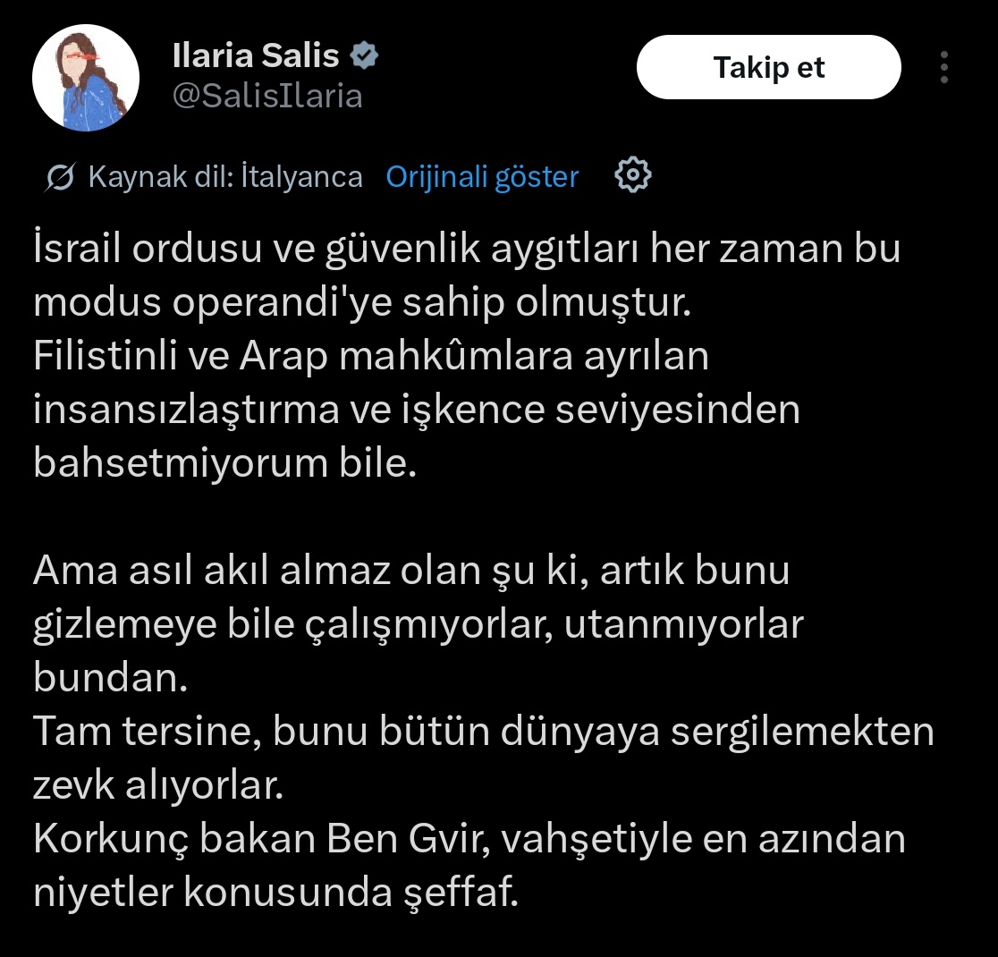 perde_arkasi1's tweet photo. 🔴عضوة البرلمان الأوروبي إيلاريا ساليس حول تصرف بن غفير:

لقد كان هذا دائما هو أسلوب عمل الجيش وأجهزة الأمن الإسرائيلية.

ناهيك عن مستوى التجريد من الإنسانية والتعذيب المخصص للأسرى ا��فلسطينيين والعرب.

لكن الأمر المثير للصدمة هو أنهم لم يعودوا حتى يحاولون إخفاء ذلك الآن، ولا يخجلون منه.

بل على العكس، فهم يحرصون على استعراضه أمام العالم أجمع.

إن الوزير البشع بن غفير، في وحشيته، شفاف على الأقل فيما يتعلق بالنوايا.

بعد سقوط القناع السخيف لـ "أكبر ديمقراطية في الشرق الأوسط" 
 وهي رواية مريحة وفوقية ساهم الكثير من "الديمقراطيين المخلصين" في إيطاليا أيضاً في نشرها، على الرغم من أنه نظام استعماري وفصل عنصري 

 أصبح هدفهم الآن واضحاً:

الحكم من خلال الإرهاب الخالص.

انهم جبناء ونحن الذين نستمر في السماح لهم بذلك.

استدعاء السفير لا يكفي.

يجب قطع العلاقات فوراً وبشكل قاطع مع هذه الدولة الإرهابية.

كفى تواطؤاً!