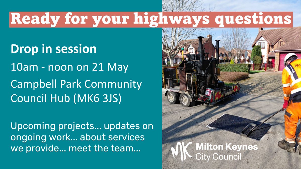 mkcouncil's tweet photo. We’ll be at Campbell Park Community Council Hub tomorrow, 10am-noon to answer your questions about highways and transport in MK, with specialists on hand to talk about road adoptions, maintenance, transport links, traffic management and more. More sessions later in the year. https://t.co/B1KEa216zY