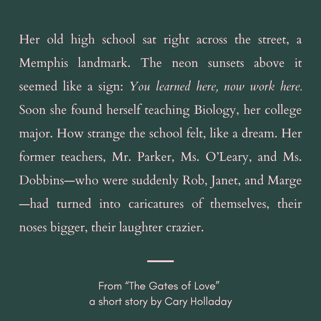 TheHudsonReview's tweet photo. Her old high school sat right across the street, a Memphis landmark. The neon sunsets above it seemed like a sign: You learned here, now work here. Soon she found herself teaching Biology...How strange the school felt, like a dream.

—From “The Gates of Love” by Cary Holladay https://t.co/U85civKLtk