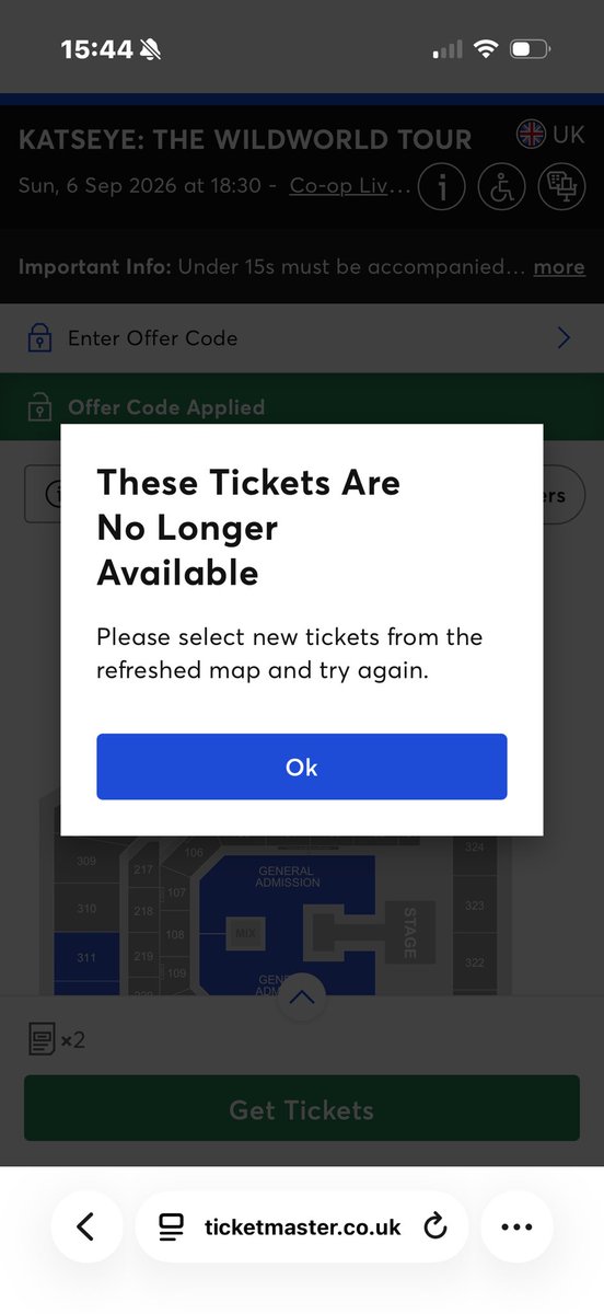 laratrev's tweet photo. Code didn’t work, got sent new link. Says there’s tickets but everything’s gone. Great work once again Ticketmaster thanks a bunch for nothing @TicketmasterCS https://t.co/Nmr1JxQ3sf