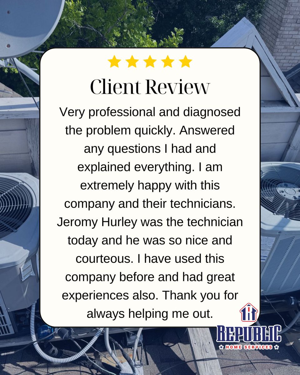 Republic_AC's tweet photo. ⭐⭐⭐⭐⭐
Another 5-star Google review in the books! 🙌 Our team works hard to deliver fast, reliable service you can count on. Thank you for choosing Republic Home Services!

#RepublicHomeServices #FiveStarReview #HVAC #HomeComfort https://t.co/RxCD8cP2LE