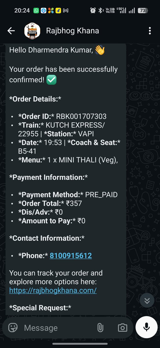 Dkumar2348's tweet photo. @irctc_app 
@WesternRly 
@AshwiniVaishnaw 
This is very sad to be said after the order of meal at delivery at Vapi Railway Station but unfortunately it's not delivered. 
This is completely irresponsible behaviour. Passenger details are below:
Dharmendra Kumar 
PNR no. 8936858955 https://t.co/FvzoD96xD6
