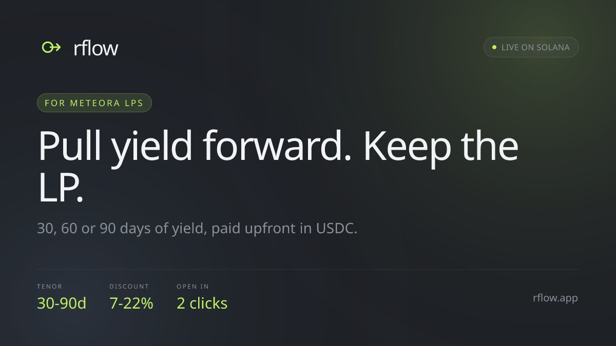 rflowdapp's tweet photo. If you LP on Meteora and you've ever thought "I wish I could pull the yield forward without unwinding my position" —

That's literally what rFlow does.

30 days, 60 days, 90 days. Pick the tenor. Get USDC up front. Keep the LP.

Open a deal in 2 clicks → https://t.co/JMwuL8UW3l https://t.co/9LH1IPK3pW
