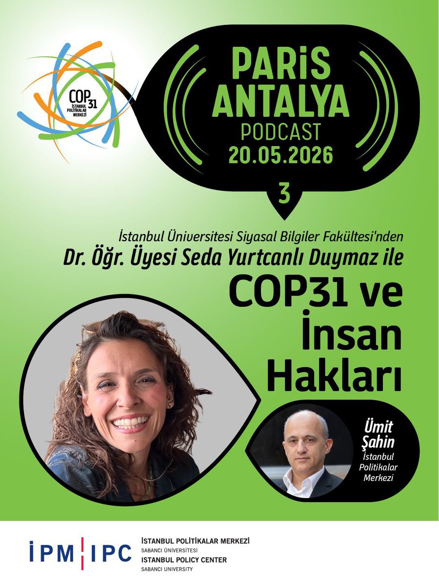 ipc_ipm's tweet photo. COP31’e giden yolda farklı perspektifleri bir araya getirdiğimiz “Paris–Antalya Podcast” serimizin üçüncü bölümü yayında.

Bu bölümde, İstanbul Üniversitesi Siyasal Bilgiler Fakültesi’nden Dr. Öğr. Üyesi Seda Yurtcanlı Duymaz ile “COP31 ve İnsan Hakları” başlığını ele aldık. İnsan hakları perspektifinin iklim krizine ve COP süreçlerine nasıl katkı sunduğunu konuştuk.

🎧 Yayını dinlemek için lütfen tıklayınız.
https://t.co/rHwyng1U4Q