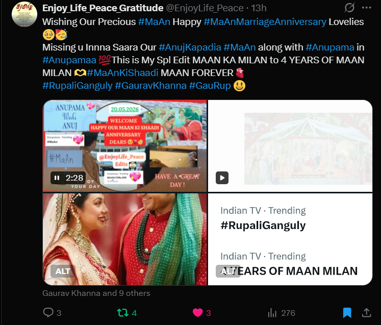 EnjoyLife_Peace's tweet photo. Omg Uff*♾Feeling So #MaAnlicious 🥹Seeing Our #MaAn #AnujKapadia from #Anupamaa is #Trending Now on their Most Spl Day(20.05.26) 4th #MaAnKiMarriageAnniversary !🥳
4 YEARS OF MAAN MILAN
Thank u all for making this organically #MaAnKiShaadi 🫀
#RupaliGanguly #GauravKhanna #GauRup https://t.co/tR6hpNbRTA