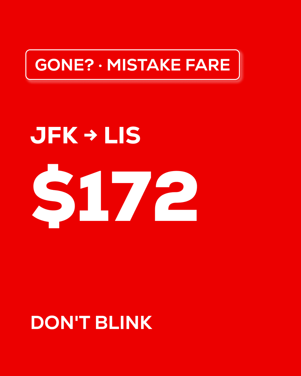 tickets_us's tweet photo. GONE? But the fare is still here👀✈️
JFK → LIS for just $172 — one of those rare mistake fares that can disappear in seconds. If you’ve been dreaming of Lisbon, this is your sign.
#flightdeal #cheapflights #lisbon #traveldeals #budgettravel https://t.co/pQmTTTmAJc