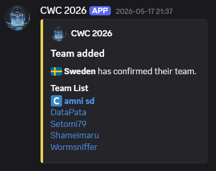 nc_enjoyer's tweet photo. Sweden CWC 2026 roster !! 🇸🇪

amni sd (c)
DataPata - @TrueDataPata 
Setomi79 - @SETOMINOUS 
Shameimaru - @_Kvacky_ 
Wormsniffer - @wormsnifferr https://t.co/lds1ezVzef
