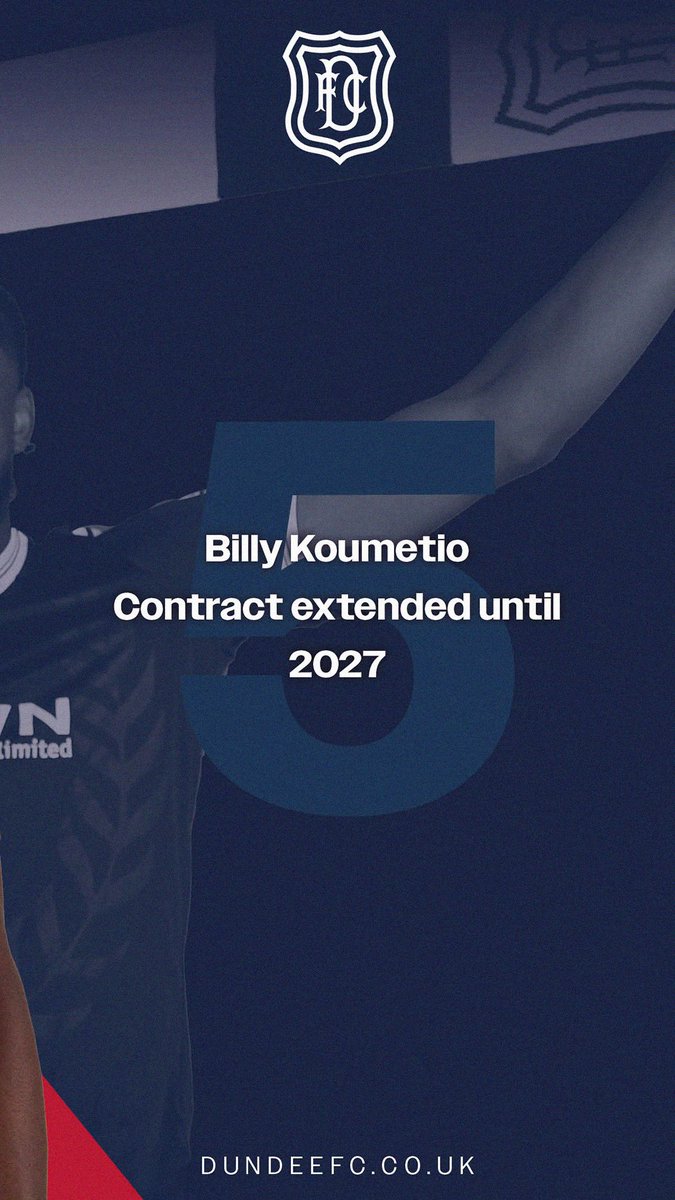 DundeeFC's tweet photo. Here for another year! 

Dundee Football Club are delighted to announce that we have triggered the 1-year extension clause in Billy Koumetio’s contract, keeping him at the Club until Summer 2027. 

We’re excited to keep Billy at Dundee FC for another season and look forward to seeing him continue his excellent work on the pitch. 

https://t.co/jLTcCJcHlP