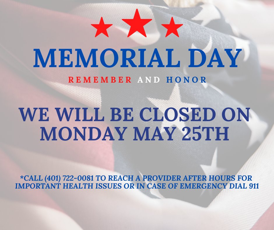 BVCHC_RI's tweet photo. In observance of Memorial Day, all locations will be closed Monday, May 25th as we take time to remember and honor those who made the ultimate sacrifice while serving our nation.  Wishing everyone a safe and meaningful Memorial Day weekend https://t.co/tf3a9G73so