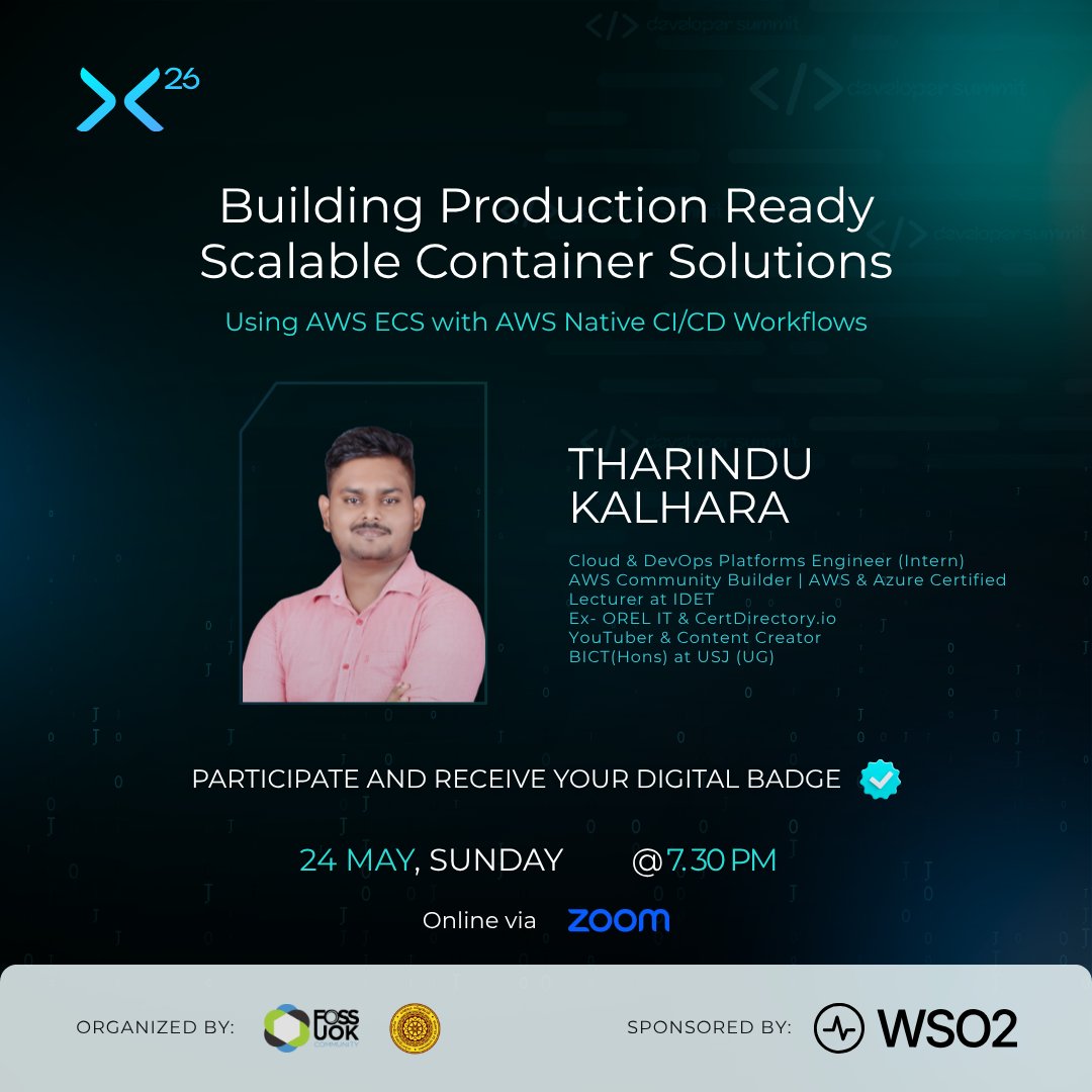 FOSSUOK's tweet photo. Unlock the Power of Cloud-Native DevOps &amp; Scalable Container Systems! 🚀

Join us for an insightful session at Developer Summit ’26 with Tharindu Kalhara, Cloud &amp; DevOps Platforms Engineer (Intern)

Register Now : https://t.co/NGVWfI9gxO https://t.co/RSaSgtShOn