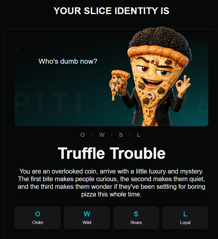 babakita17's tweet photo. I just took the PITI — Pizza Identity Test Index. I'm Truffle Trouble (O · W · S · L) 

What's your slice? → 

https://t.co/3DeRL1ttlA 

#PizzaWithBitget #BuilderPizzeria #PITI https://t.co/Gz31cha6ty