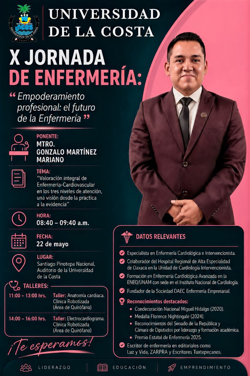 UNCOS_SUNEO's tweet photo. La Universidad de la Costa, a través de la Licenciatura en Enfermería, invita a la comunidad universitaria y profesionales del área de la salud a participar en la:
X Jornada de Enfermería “Empoderamiento profesional: el futuro de la enfermería”.
Un espacio académico diseñado para fortalecer el liderazgo, la innovación y la práctica profesional de la enfermería, mediante ponencias y talleres impartidos por especialistas con amplia trayectoria en el área de la salud.
📅22 de mayo de 2026
 📍Santiago Pinotepa Nacional, Oaxaca, México
⏲️Horario: 08:00 a 17:00 h
Durante la jornada se abordarán temas de gran relevancia como:
-Valoración cardiovascular integral
-Hemodiálisis y acceso vascular
-Cuidado humanizado en enfermería
-Atención domiciliaria
-Emprendimiento e innovación en enfermería
Empoderamiento en la enseñanza-aprendizaje
Además, se desarrollarán talleres especializados:
-Anatomía cardíaca
-Electrocardiograma
- Instalación de Catéter Venoso Central de Inserción Periférica (PICC)
- Innovación y emprendimiento en enfermería
Lideramos hoy, transformamos el mañana.

#UNCOS #Enfermería #Pinotepa @EducacionPubOax @SEP_mx